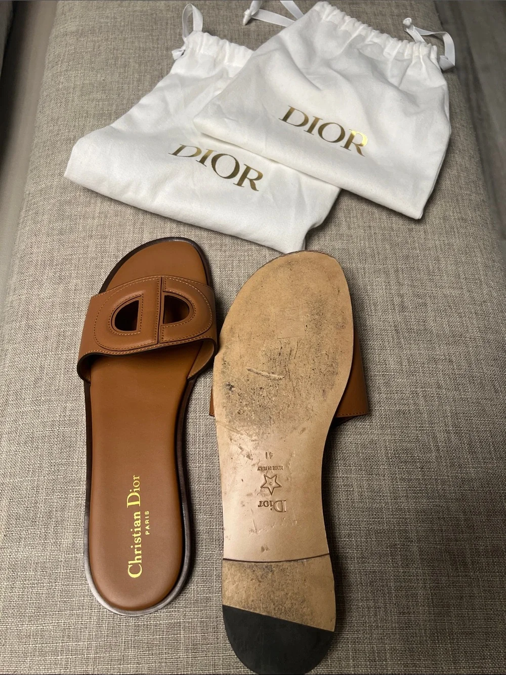 Dior Brown Leather Slide Sandals with Cutout CD Logo